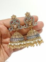 Multicolor Kundan Jhumka Earrings with Pearls – Traditional Indian Bridal Jewelry - Image 2