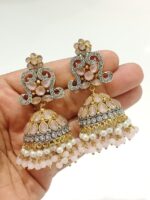 Multicolor Kundan Jhumka Earrings with Pearls – Traditional Indian Bridal Jewelry - Image 3
