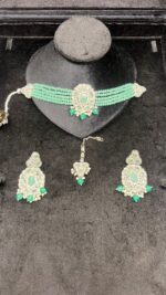 Elegant Pink Beaded Choker Jewelry Set with Earrings & Maang Tikka - Image 10