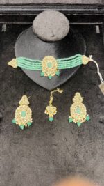 Elegant Pink Beaded Choker Jewelry Set with Earrings & Maang Tikka