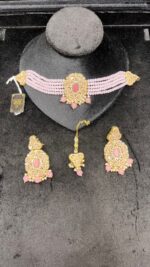 Elegant Pink Beaded Choker Jewelry Set with Earrings & Maang Tikka - Image 8