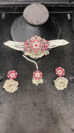 Elegant Beaded Choker Set with Stone Work and Pearl Drops - Image 7