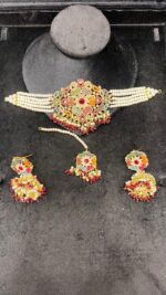 Elegant Beaded Choker Set with Stone Work and Pearl Drops - Image 8