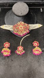 Elegant Beaded Choker Set with Stone Work and Pearl Drops - Image 4