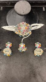 Elegant Beaded Choker Set with Stone Work and Pearl Drops - Image 5