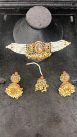 Elegant Beaded Choker Set with Stone Work and Pearl Drops - Image 3