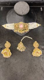 Elegant Beaded Choker Set with Stone Work and Pearl Drops - Image 9