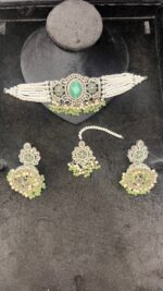 Elegant Beaded Choker Set with Stone Work and Pearl Drops - Image 8