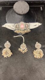 Elegant Beaded Choker Set with Stone Work and Pearl Drops - Image 6