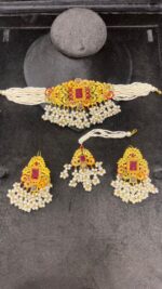 Elegant Beaded Choker Set with Stone Work and Pearl Drops - Image 5