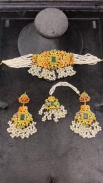 Elegant Beaded Choker Set with Stone Work and Pearl Drops - Image 9