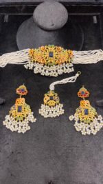 Elegant Beaded Choker Set with Stone Work and Pearl Drops - Image 2