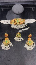 Elegant Beaded Choker Set with Stone Work and Pearl Drops - Image 8